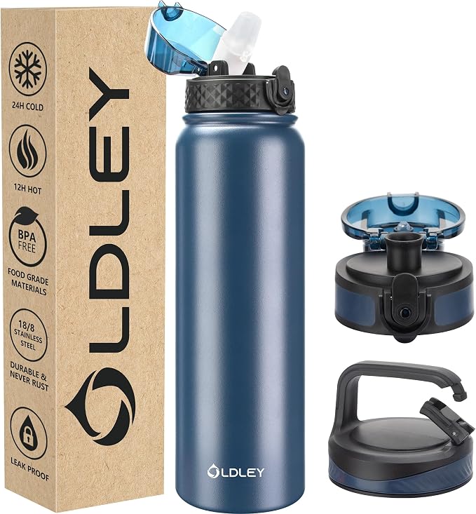 Oldley Insulated Water Bottle 32oz Water Bottles with Straw, Stainless Steel Water Bottle with 3 Lids, Double Wall Vacuum Bottels for Adults Kids,Leak-Proof Sport Bottles for School Travel, Navy Blue