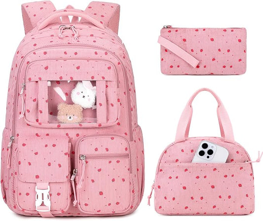 Corduroy Backpack 3PCS Kids Backpack for Girls School Bags for Middle School Students Book Bag for Elementary Primary Kawaii Ita Backpack with Lunch Box Pencil Case Set, Pink Strawberry