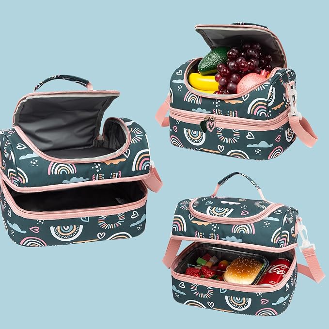 Insulated Kids Dual Compartment Lunch Bags Tote Pack for Girls Boys Toddler Kindergarten School Picnic Cooler Thermal Lunch Boxes with Strap (Green Rainbow)