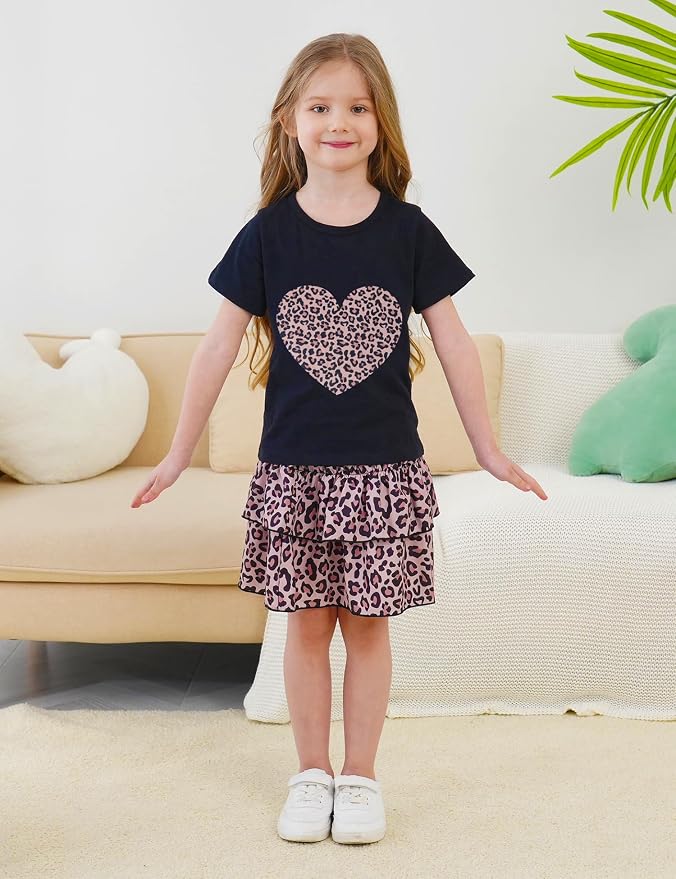 Little Girls Skirt Set - 2 Piece Short Sleeve Top Shirred Tiered Skirt Outfit Girls Spring Summer Clothes 3-8 Years