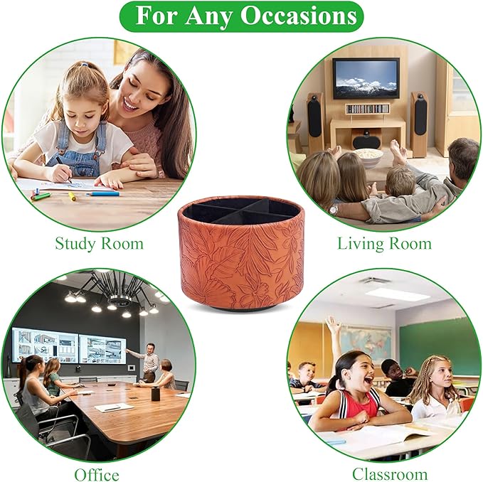 Round Leather Art Supply Organizer,Remote Control Holder,360 Degree Spinning,Multi-Functional Pencil Holder,4 Compartments Desktop Stationary Organizer(1-Carved Brown)