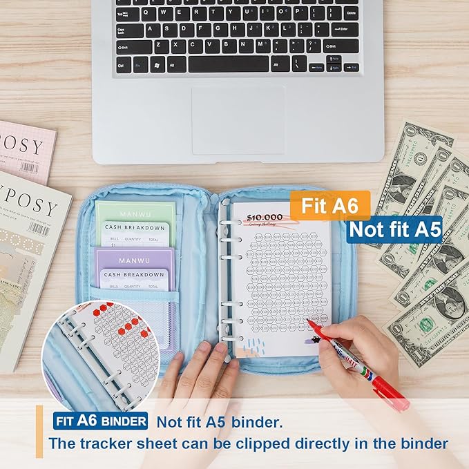 Laminated Money Savings Challenge Trackers for 6-Ring A6 Binders,Reusable cash Savings Tracker sheets,multiple budget cards for savings journey planner(15pcs)