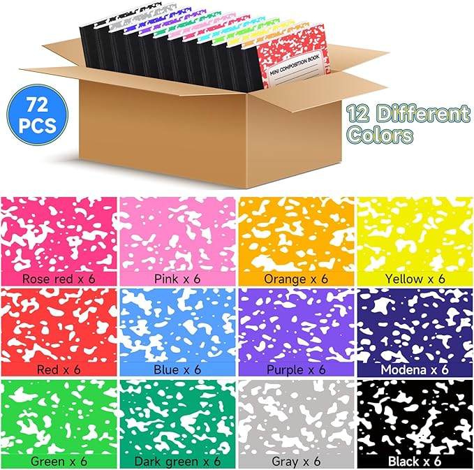 72 Pack 4.5" x 3.25" Mini Composition Notebooks Bulk 12 Color College Ruled Half Composition Notebook Narrow Ruled Small Pocket Marble Journal 60 Sheets for Students Office School Supplies