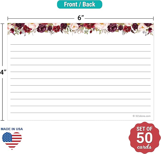 321Done Floral Ruled Index Cards - Made in USA - Large 4x6 (Set of 50), College-Ruled Lined Notecards Double-Sided, Thick Heavy Duty Cardstock, Cute Pretty Flowers Red Roses on White Note Cards Lines