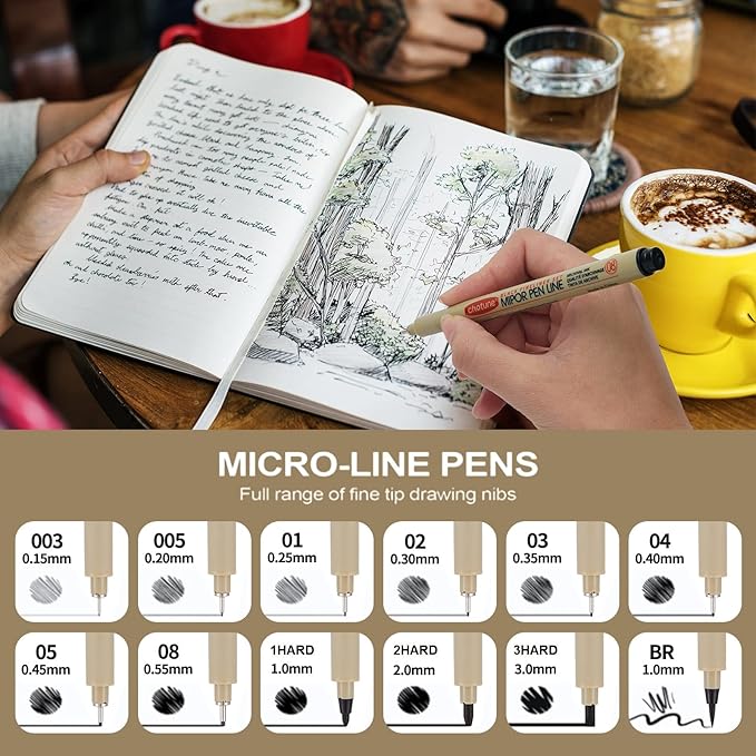 Micro Fineliner Drawing Art Pens: 12 Black Fine Line Waterproof Ink Set Artist Supplies Archival Inking Markers Liner Professional Sketch Outline Anime Sketching Artist Illustration Watercolor