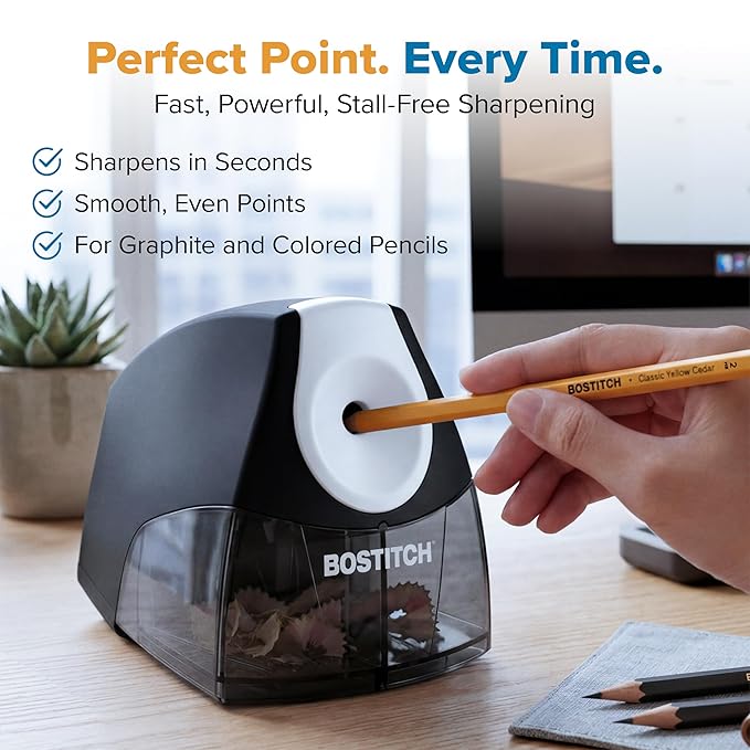 Bostitch Office Electric Pencil Sharpener for Classroom & Desk Use, Heavy-Duty Stall-Free Motor, High-Capacity Shavings Tray, Black