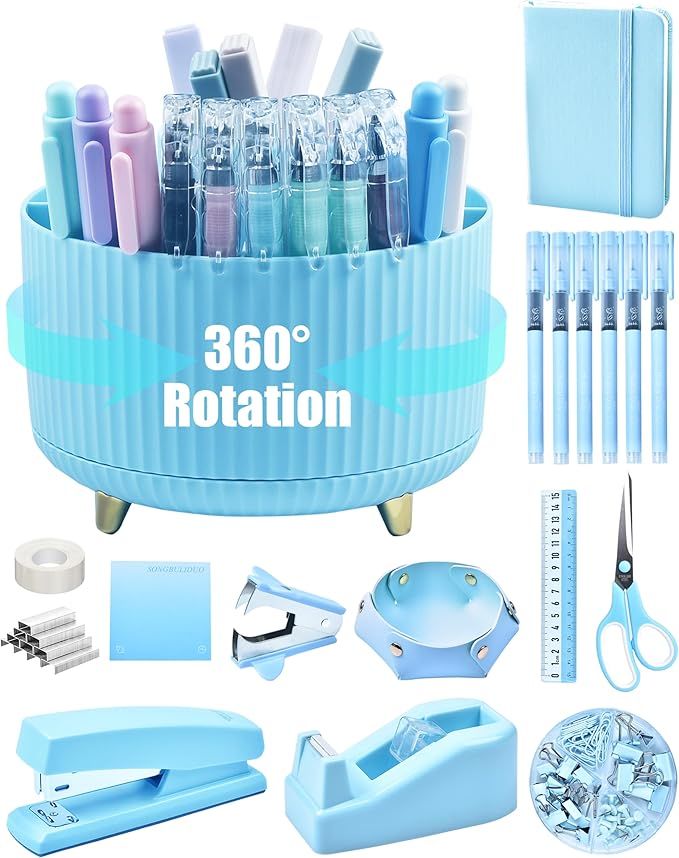 Blue Desk Accessories, 20Pc Office Supplies and 360°Pen Holder Desk Organizers, with Tape Dispenser, Stapler, Staple Remover, Ect, Let the Color Blue Fill Your Desktop