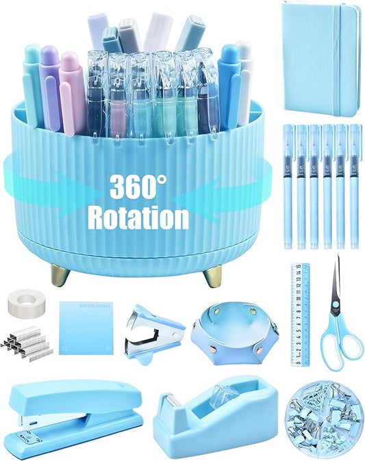 Blue Desk Accessories, 20Pc Office Supplies and 360°Pen Holder Desk Organizers, with Tape Dispenser, Stapler, Staple Remover, Ect, Let the Color Blue Fill Your Desktop