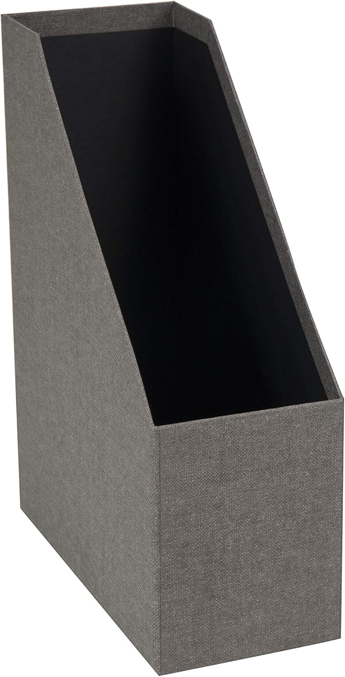 Bigso Box of Sweden Estelle Canvas Fiberboard Upright Magazine Storage Box Organizer for Papers & Catalogs w/Leather Handle | Magazine File Holder for Office Desks | 12.6" x 4.5" x 9.8" | Gray