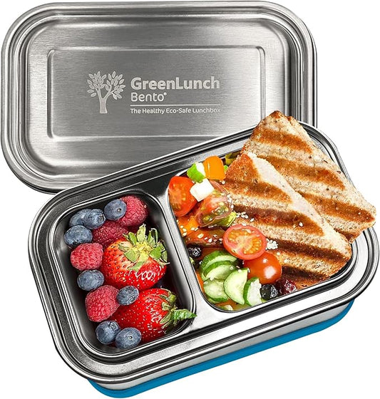 GreenLunch 2-Piece Stainless Steel Bento Box for Adults & Teens | Large 6-Cup BPA-Free Lunch Box with Removable Compartments & Snap Locks | Office, Meal Prep & Travel- Blue