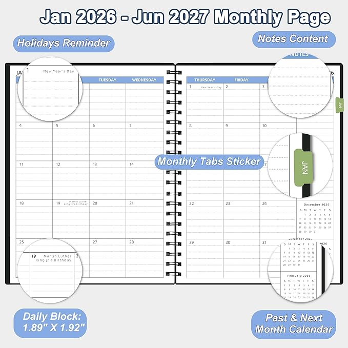 2026-2027 Monthly Planner(7.4'' x 9.6''), 18 Months Calendar Planner from Jan 2026-Jun 2027, 2026 Agenda with Pocket, 120GSM Paper, Black