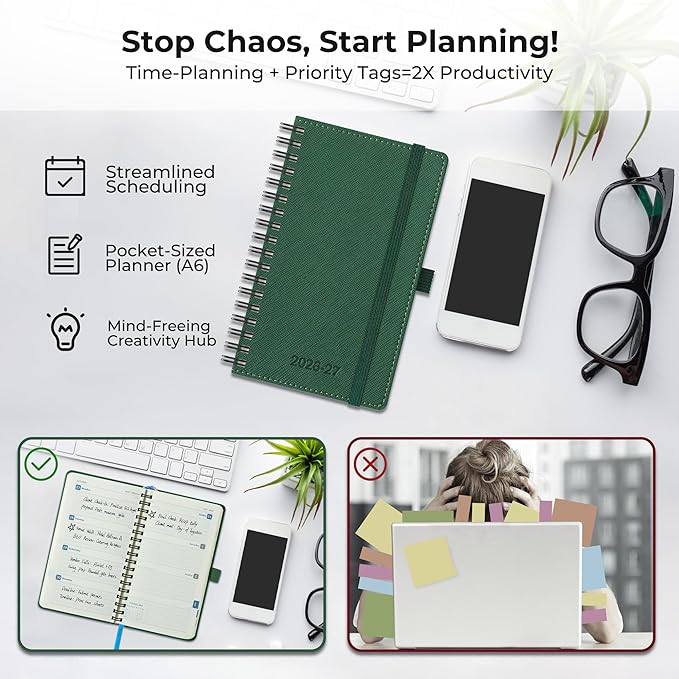 Planner 2026-2027 Daily Weekly and Monthly,6.5"x3.75",18 Months Spiral Bound Calendar Agenda with Self-adhesive Pen Holder,2026 Academic Plan with Vegan Leather Soft Cover,Green