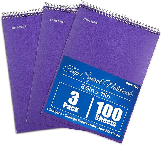 Mintra Office TOP BOUND Durable Spiral Notebooks (Purple, College Ruled 3pk)