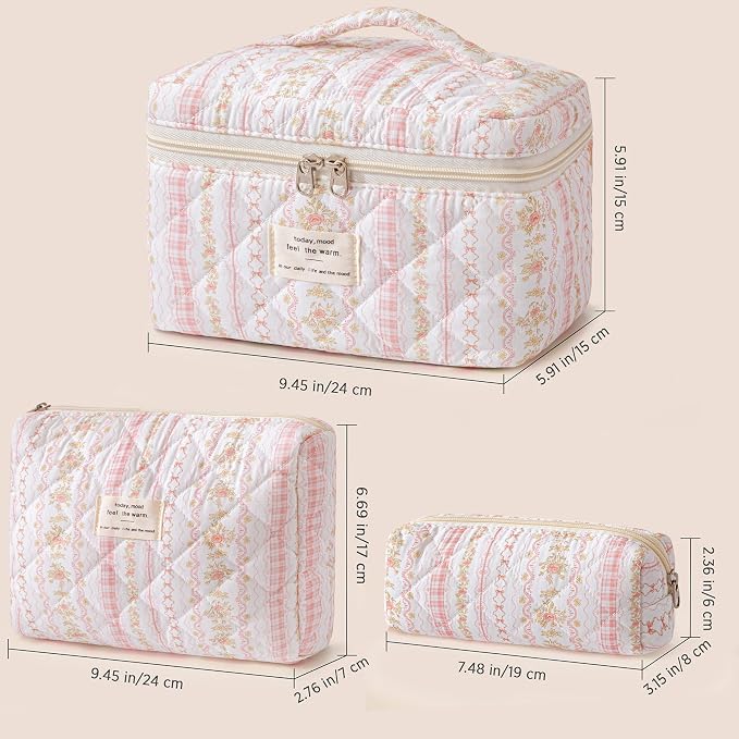 HBselect Quilted Makeup Bag, 3Pcs Cotton Large Travel Makeup Bags Organizer | Cute Floral Make up Bag Cosmetic Bag Toiletry Bag for Women Girls, Makeup Pouch for Skincare, Brushes & Travel Essentials