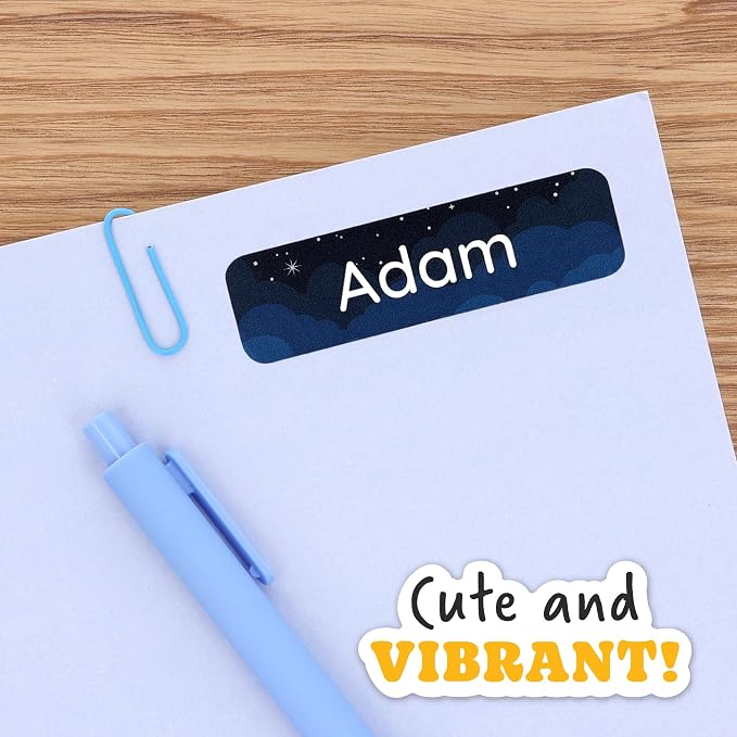 Camp Name Labels for Kids (33) – Custom Waterproof Stickers for Water Bottles, Lunch Boxes, Daycare & School with Unique Designs - Galaxy