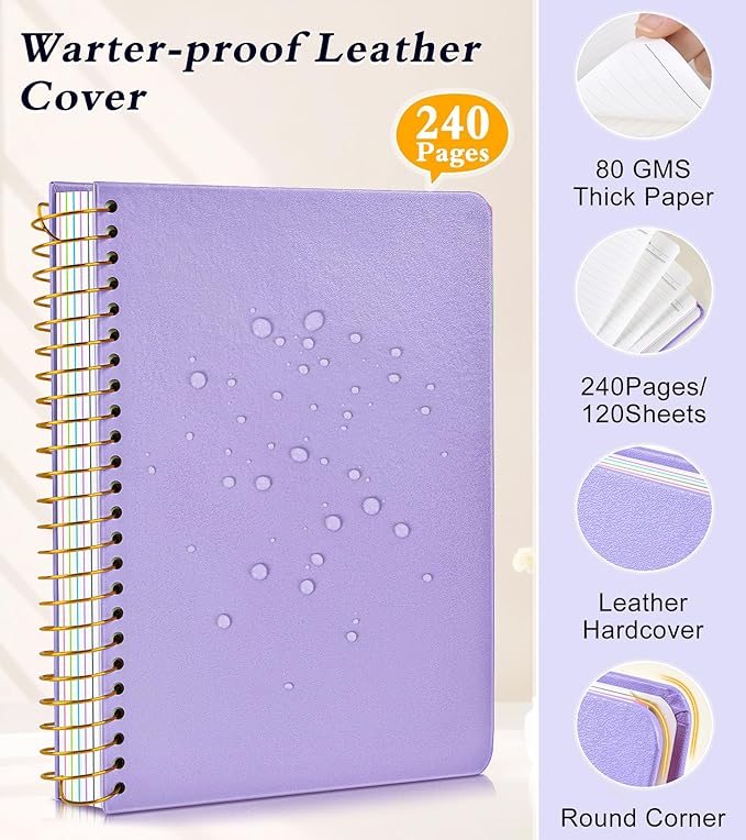 5 Subject Notebook College Ruled 240 Pages, A5(5.8"x8.3") Hardcover Spiral Notebook with Removable Pocket Dividers Tabs, Lined Spiral Journal Notebook for Women, Notebooks for Work School Note taking purple