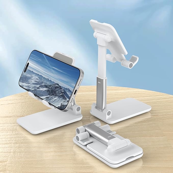 Cell Phone Stand, Adjustable Angle and Height Cell Phone Holder for Desk, Foldable and Portable, Anti-Slip Silicone Pad, Compatible with All Mobile Phones and 4-8 Inch Devices, White