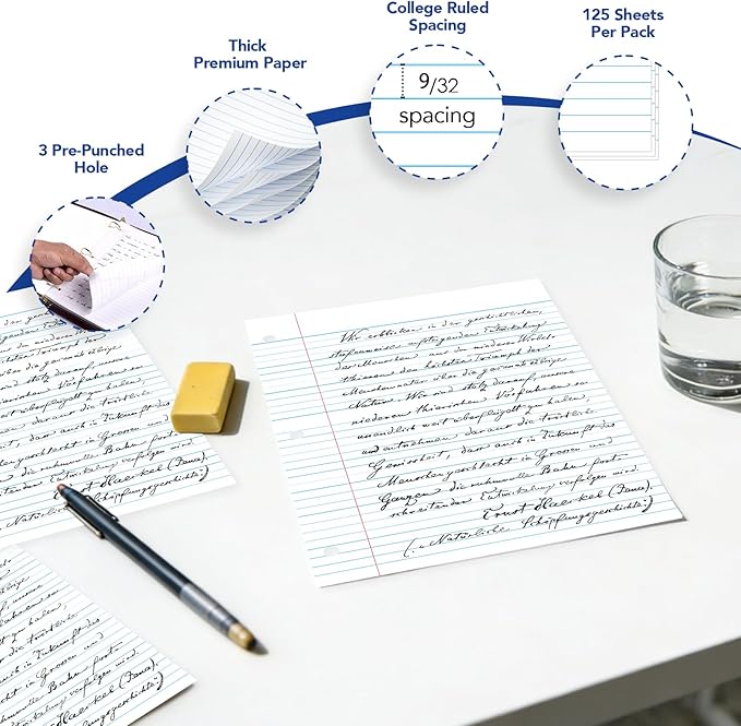 Kaisa Notebook Paper USA-Made Loose Leaf Paper, 24 Pack 3600 Sheets 8"x10.5" College Ruled - 3-Hole Punched Bulk Filler Paper for 3-Ring Binder, 150 Sheets/Pack, Wholesale Available(24Pack-college)