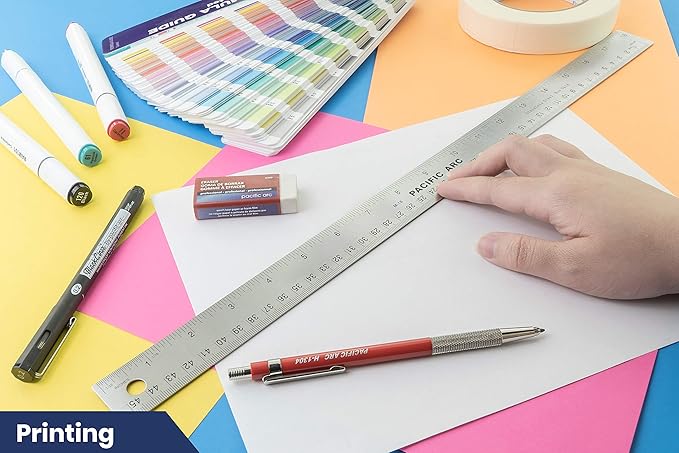 Pacific Arc Stainless Steel 18 Inch Metal Ruler Non-Slip Cork Back, with Inch and Metric Graduations
