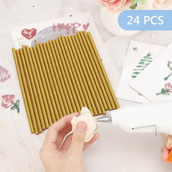 Manarty Glitter Gold Hot Glue Sticks, 24PCS Mini Size 0.27" Dia x 8" Long Hot Melt Glue Stick Colored, All Temperature Adhesive EVA Glue Sticks for Repairing Sealing Stamp DIY Art Craft Decoration