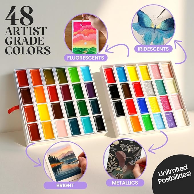 Chalkola Professional Watercolor Paint Set - 48 Semi Moist Water Colors Paint Adult Set, XL Pans | With Painting Brushes, Water Color Pad & Art Supplies | Suitable for Adults, Kids, Beginner & Artists