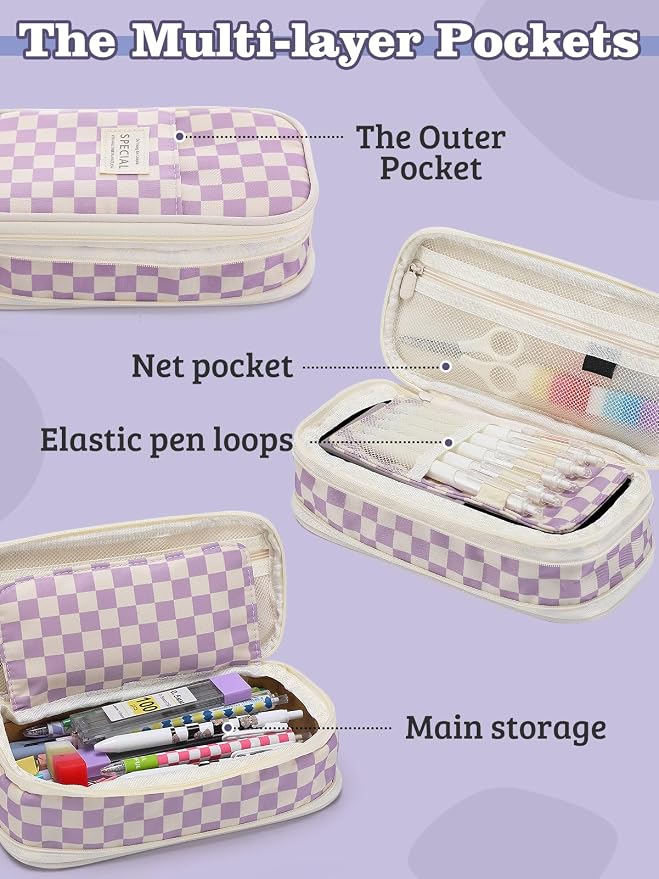 Bigmeta Gingham Expandable Pencil Case for Teens Girls - Purple | Zipper Gusset for Adjustable Capacity, Checkered Cute Pencil Pouch, Stationery Bag Box for Student Back to School Gifts
