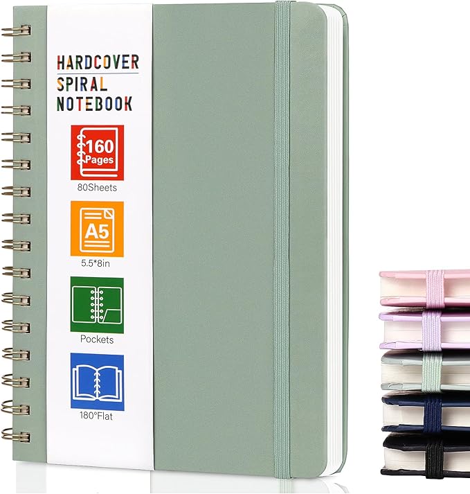 LABUK Spiral Notebook for Women, A5 Spiral Journal Notebooks, 160Pages Lined Hardcover Journaling for Work, 5.5 x 8in Journals for Writing, Light Green