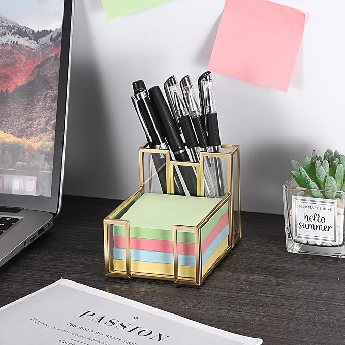 BTSKY Golden Glass 3x3 Inch Sticky Note Holder with Pen Slot, Elegant Post It Note Dispenser with Non-Slip Pads Clear Notepad Holder for Desk Organization Planning, Home Office Decor