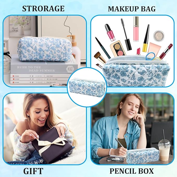 Pencil Pouch Cute Pencil Case Office Storage Bag Holder Box Organizer Aesthetic Bow Flower Pattern Makeup Pouch Cosmetic Bag for Women Girls