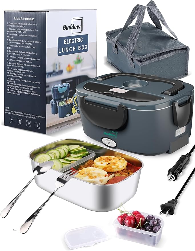 Buddew Electric Heated Lunch Box, 80W Fast Heating, 1.5L Food-Grade 304 Stainless Steel, 12V/24V/110V Portable Food Warmer for Car Truck Office Adults, Lonchera Electrica Portatil (Gray+Black)