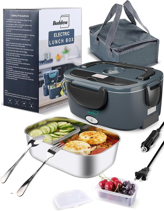 Buddew Electric Heated Lunch Box, 80W Fast Heating, 1.5L Food-Grade 304 Stainless Steel, 12V/24V/110V Portable Food Warmer for Car Truck Office Adults, Lonchera Electrica Portatil (Gray+Black)