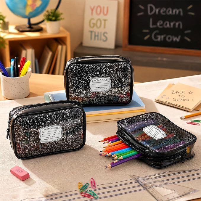 Suclain 12 Pack Back to School Teacher Gift, Teacher Survival Kit Bag, Composition Book Zipper Cosmetic Pouches, Transparent PVC Waterproof Pencil Case Toiletry Makeup Bag for School Supplies, Travel