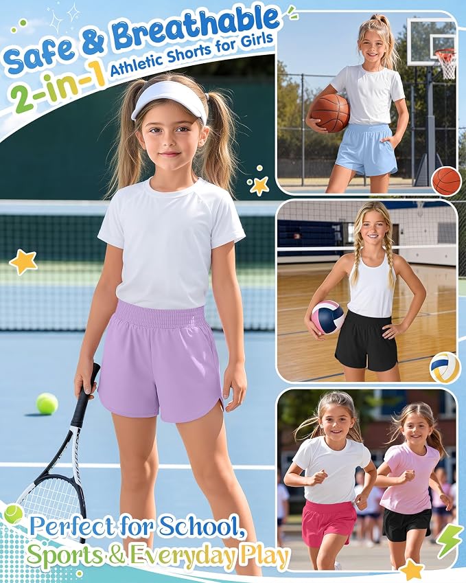4 Pack Girls Athletic Shorts 2 in 1 Quick Dry High Waist Tween Shorts with Liner Kids Back to School Running Shorts