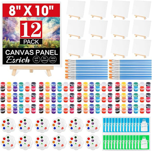 ESRICH 12 Pack 8x10 Canvas and Easel Set, Mini Acrylic Paint, Paint Brushes, Palettes, Aprons, Painting Kits for Adults Couples Friends Date Night Sip and Paint Party Supplies