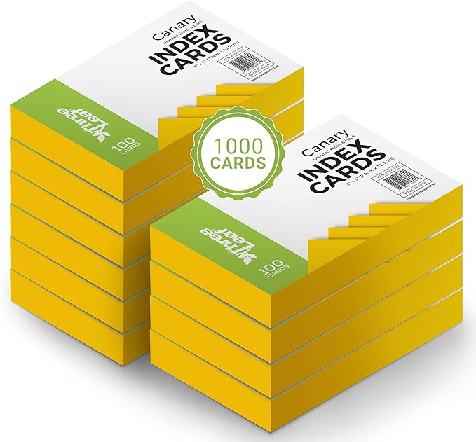 THREE LEAF 3 X 5, INDEX CARDS UNRULED, 1000 CT. (100 x 10) CANARY, Blank Flash Cards, Study Card, Memo Pad, For To-Do List, Art And Craft Projects