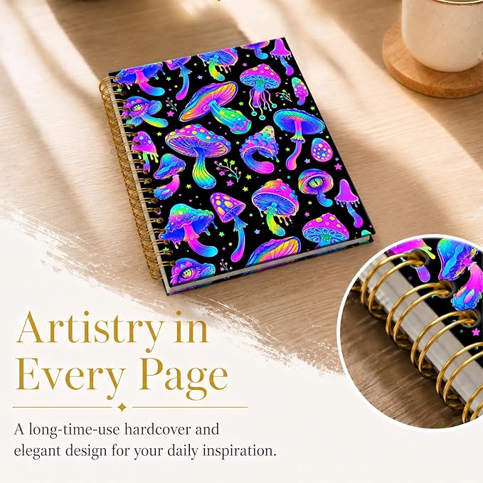 ATJFKIXL Cute Spiral Journal Notebook, A5 120 Page College Ruled Wirebound Notebook, Soft Cover for Students Office Notes and Planning - Black Neon Mushroom