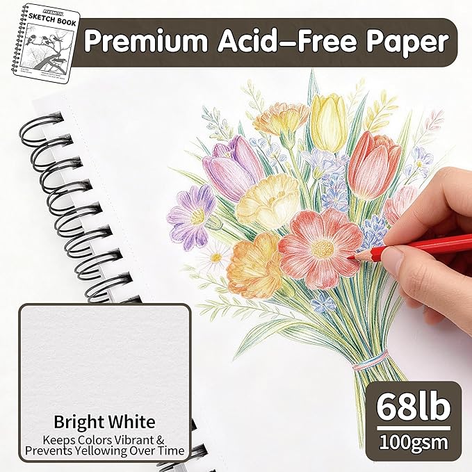 FIXSMITH 9"X12" Brown Sketch Book, 400 Sheets (68 lb/100gsm) Spiral Sketchbook, Acid Free Drawing Paper, Sketch Pad for Beginners,Artists & Professionals, Bright White