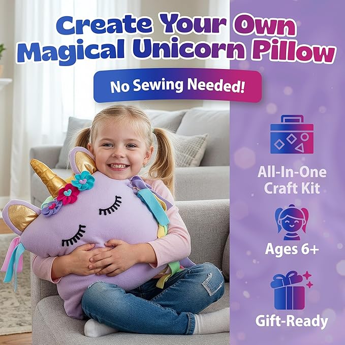 Unicorn Pillow Kit - No Sew Unicorn Craft Kit - Gifts for Girls, Arts and Crafts for Kids Ages 4-8 - Unicorn Toys for 6 Year Old Girl Gifts, Birthday, Easter, Toddlers, Teens