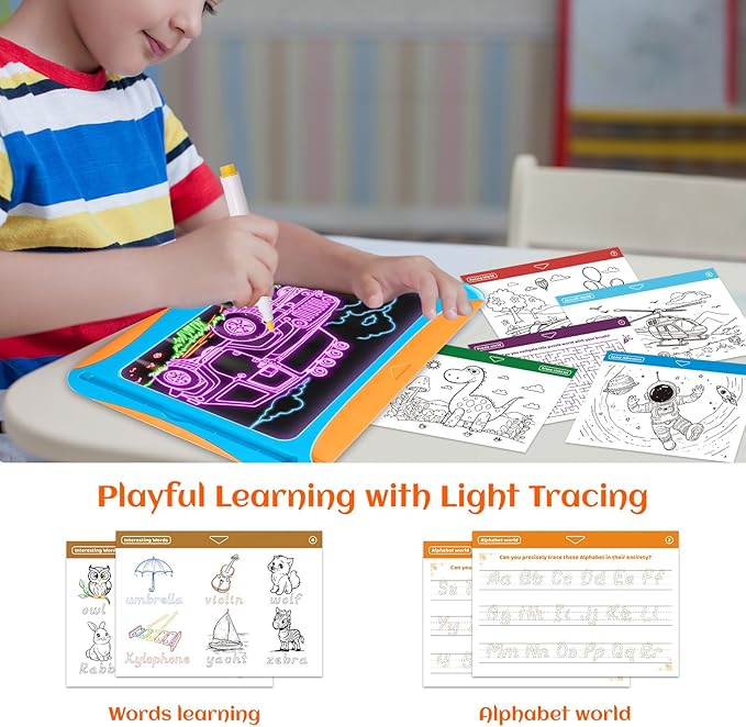 YUBALEER Magic LED Drawing Board for Kids, Toys for Boys Ages 5-7, Light Up Tracing Pad with 9 Double-Sided Cards, 6 Washable Pens, Glow Up Toys for Kids 4-6 Year Old Christmas Birthday Gifts