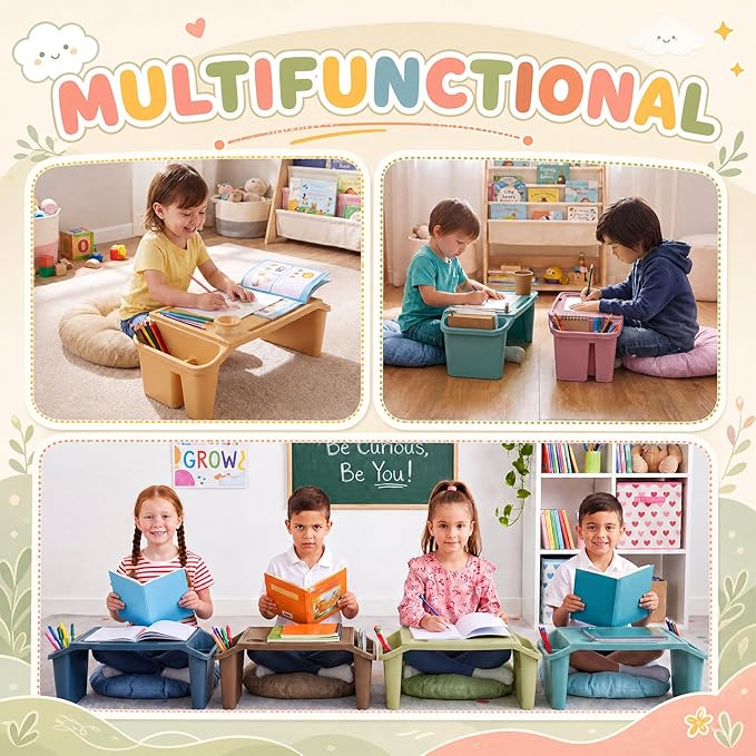 Supervitae 16 Pcs Kids' Lap Desk and Classroom Floor Cushions Set, Including Stackable Lap Tray 19.7 x 14.8 x 7.7'' & Floor Pillow 16'' for Classroom Kindergarten Daycare Nursery (Morandi Colors)