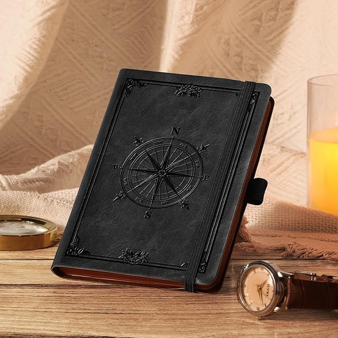 AHGXG Small Blank Pocket Journal Notebook for Men - 256 Numbered Pages B6 Mini Journal, Vintage Soft Leather Hardcover, 80gsm Paper, for Women Work Office School, 4.1'' X 5.7''- Black