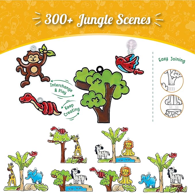 Imagimake Window Art Jungle | 16-Piece Glass Paint & Suncatcher Kit | Craft & Discover Animals | Art Kit for Kids| 5 Year Old Boy Gifts | Birthday Gifts for Boys & Girls Ages 5,6,7,8,9,10,11,12