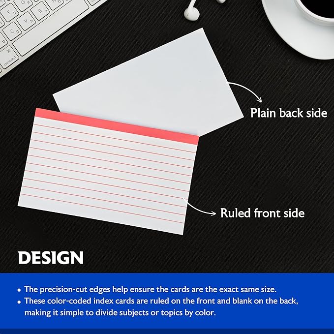 BAZIC Products Ruled Color Coded Index Card 3" X 5", Ruled Lined Card for Learning Memory Reminder, 3600 Count