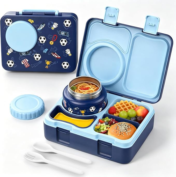 Kids Insulated Lunch Box with 8OZ Thermo Food Jar | Leakproof Bento Box with Ice Pack Sauce Cup Utensils Removable Tray & Dividers for School Daycare Travel, Football