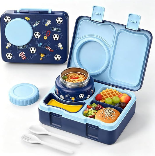 Kids Insulated Lunch Box with 8OZ Thermo Food Jar | Leakproof Bento Box with Ice Pack Sauce Cup Utensils Removable Tray & Dividers for School Daycare Travel, Football