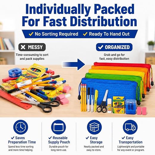6 Pack Back to School Supplies Bundle Kit, Individually Packed School Supply Sets with Pens, Pencils, Crayons, Scissors & Glue Stick for Christmas Shoebox Donations and Classroom Use
