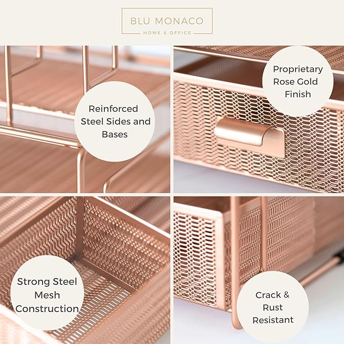 BLU MONACO | Rose Gold Desk Organizer with Drawer | Metal Desk Organizer with File Sorters and Storage Compartments | Office Desk Organizer for Paper Folders and Supplies