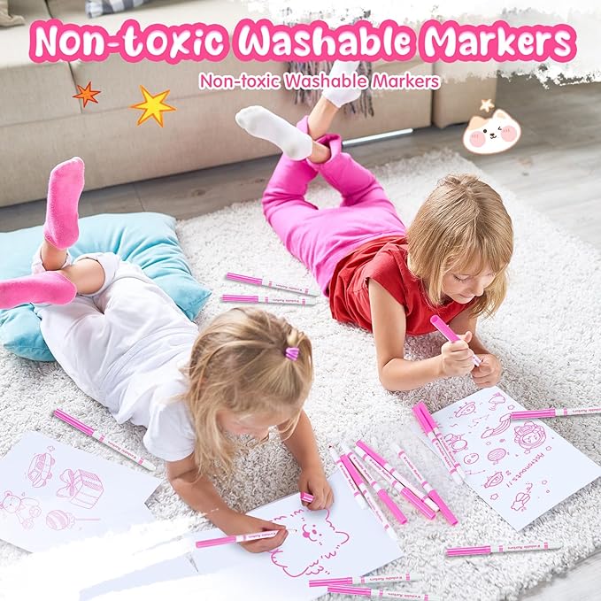 Fullhawl 18 Pcs Line Washable Markers Bulk Pink Fine Tip Markers Set Coloring Thin Tip Drawing Washable Pen for Kids Art School Classroom Back to School Gender Reveal Party Supplies, Ages 6+