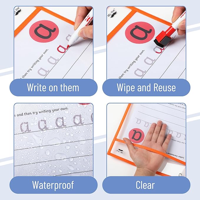 Mr. Pen- Reusable Dry Erase Pocket Sleeves, 10" x 14", 12 Pack, Colorful, Clear Plastic Paper Sleeves, Ticket Holders, Clear Plastic Sheet Protectors, Teacher, School, Classroom Supplies