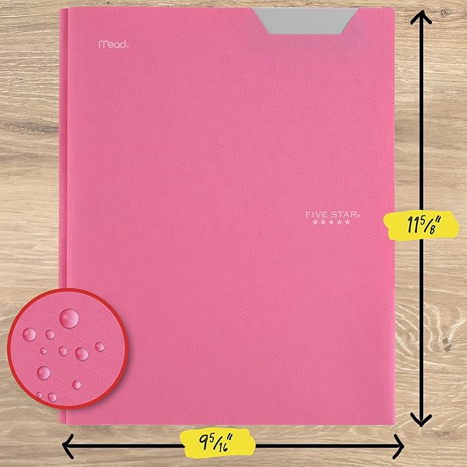 Five Star 2-Pocket Folder, Plastic Folder with Stay-Put Tabs and Prong Fasteners, Holds 8-1/2" x 11" Paper, Prom Pink (340300R)